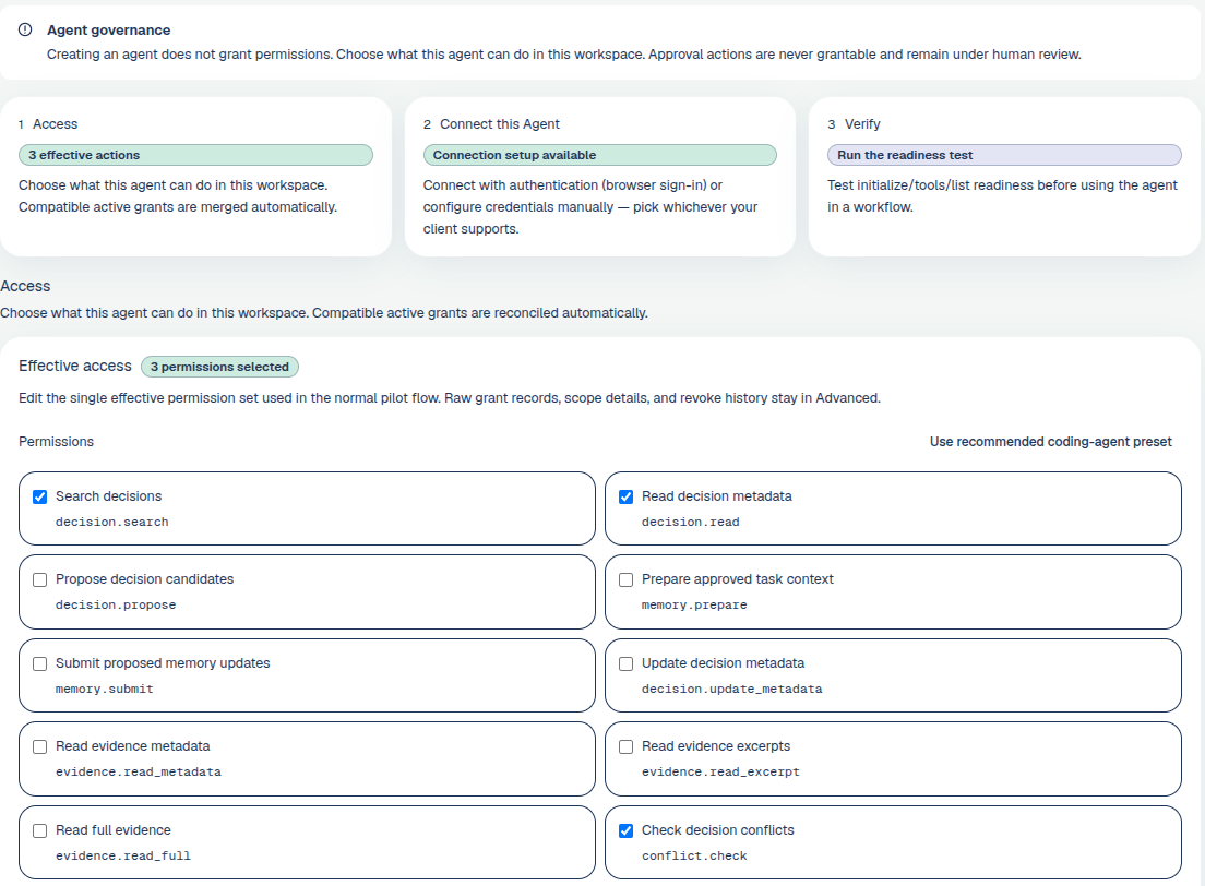 DM agent governance screen: creating an agent does not grant permissions; approval actions are never grantable; per-action permissions such as decision.search, memory.prepare and memory.submit.