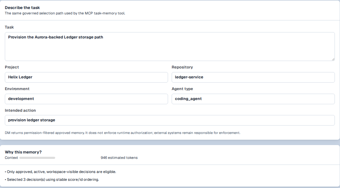 DM task context request for “Provision the Aurora-backed Ledger storage path” with project Helix Ledger, repository ledger-service, environment development and agent type coding_agent, plus why this context applies and about 946 estimated tokens.