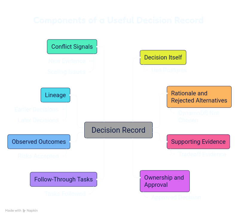 Mind map of a useful decision record: the decision itself, rationale, evidence, ownership, follow-through tasks, outcomes, lineage, and conflict signals.